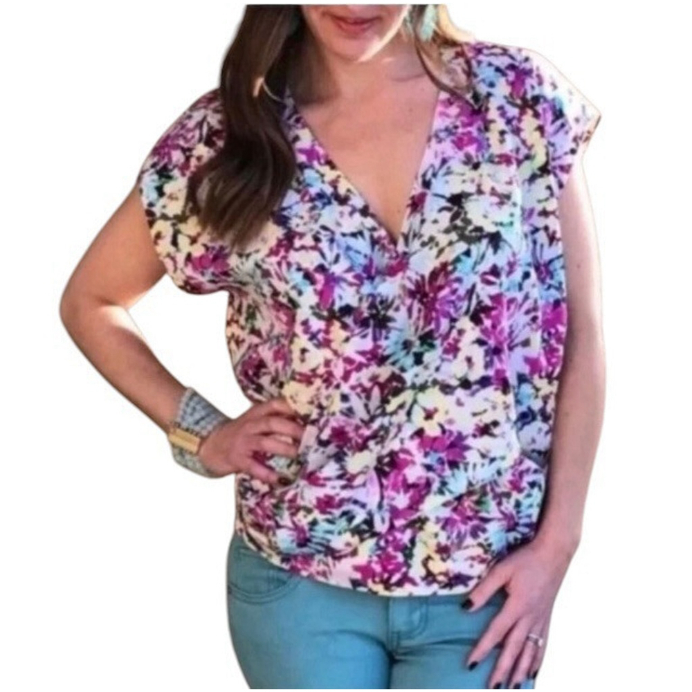 Cabi Eden Top Size M Purple Floral Faux Wrap Spring Tropical Easter EUC